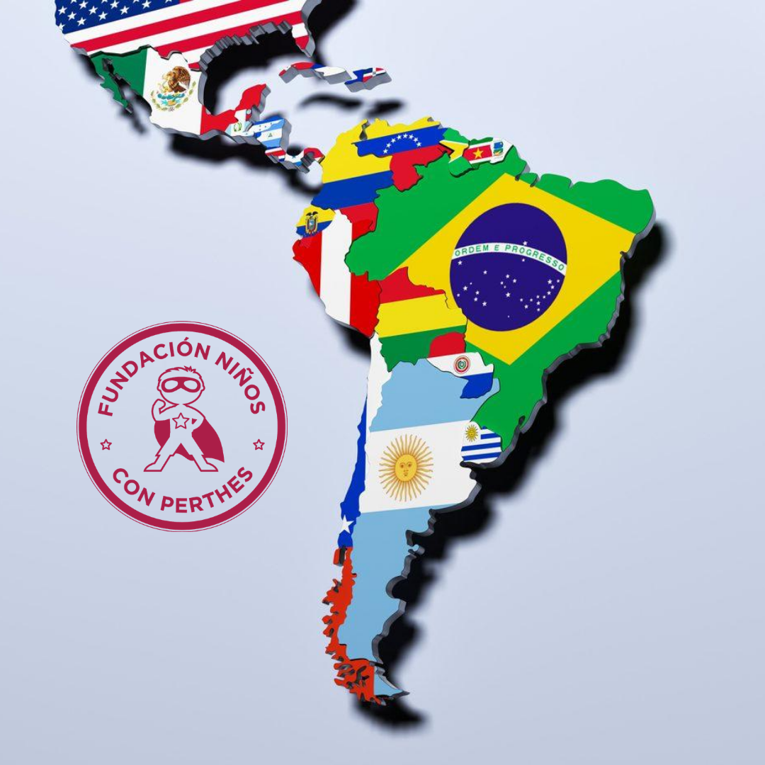 Mapa de América Latina con banderas y el logo de la Fundación Niños con Perthes